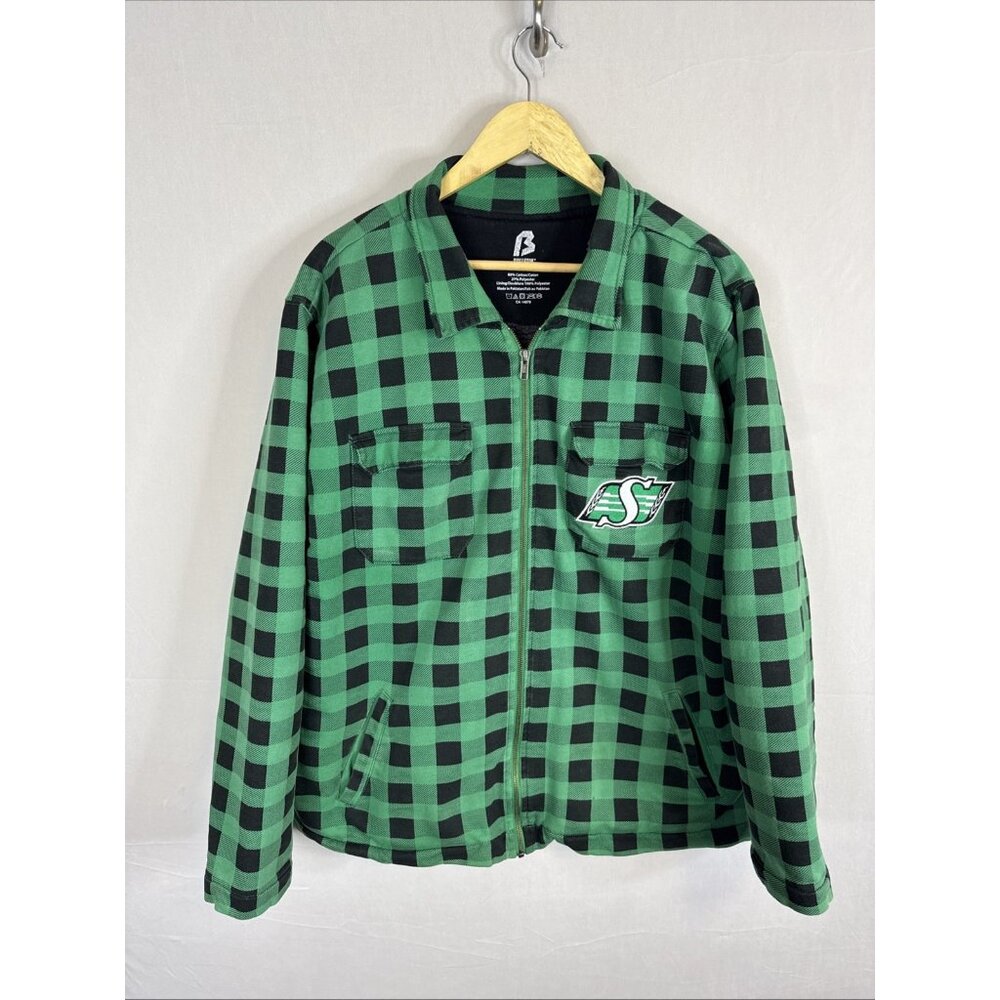 Saskatchewan Roughriders Plaid Jacket Mens Large CFL Fleece Lined Zip